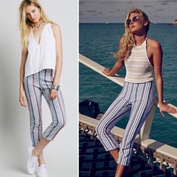Free People Mod Blue & Red Stripe Linen Crop Pants 2 - Picture 1 of 5